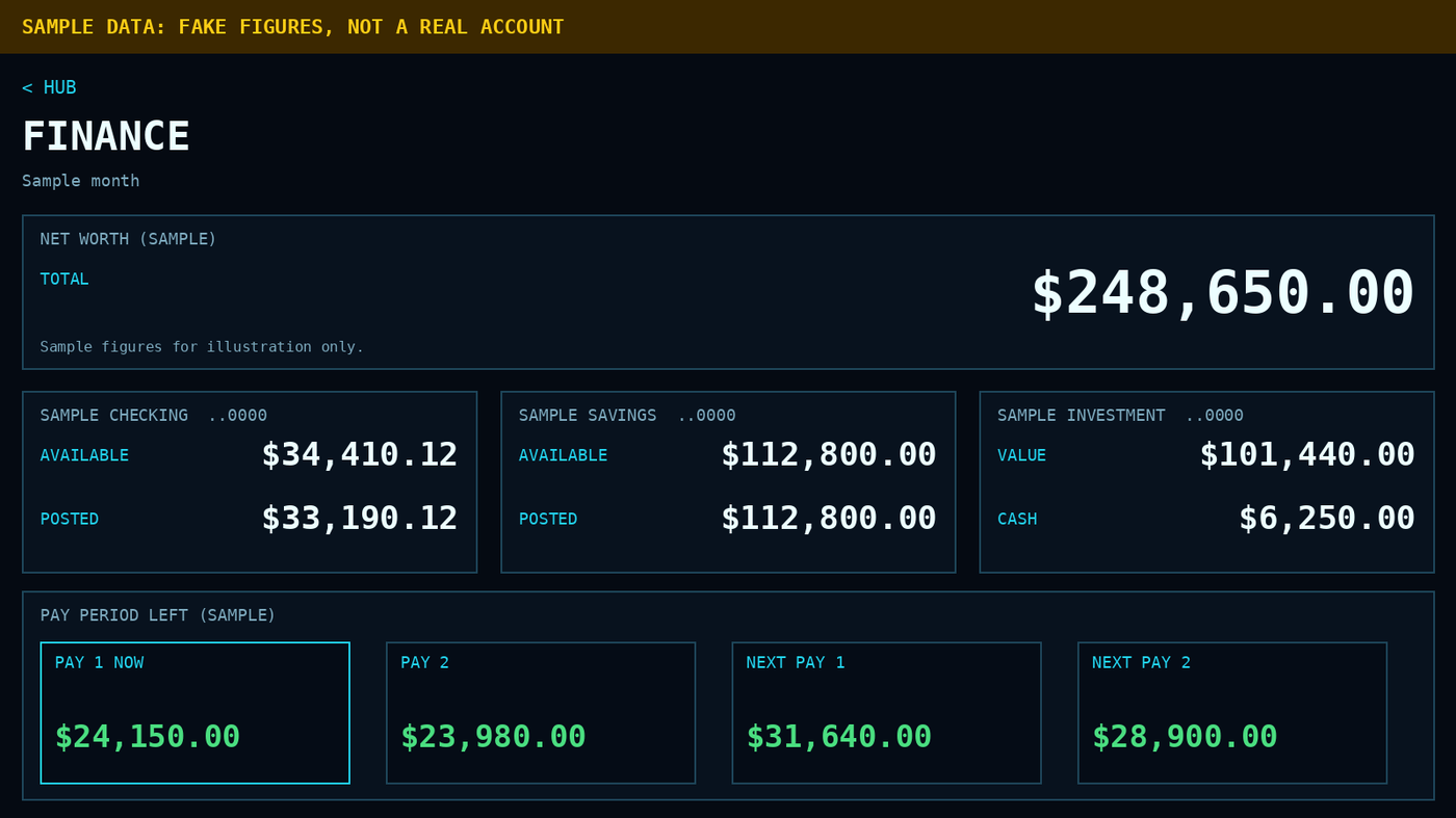 Sample finance view with fake figures
